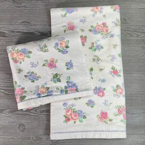 Vintage Laura Ashley Full Size Towels Floral Roses Flowers Pink Blue Set of TWO
